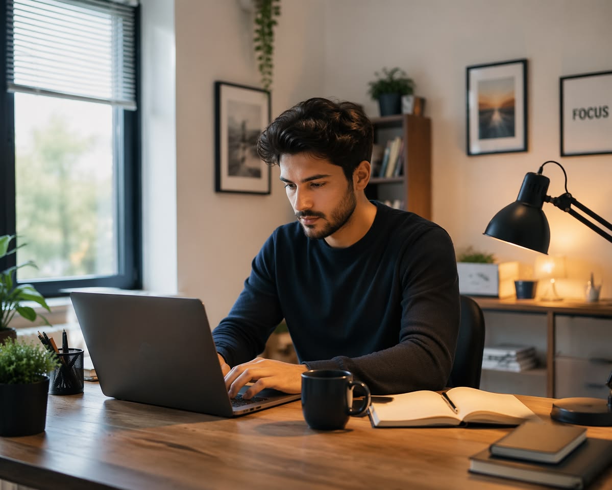 Two people sitting at a table reviewing a hand-drawn desk layout sketch