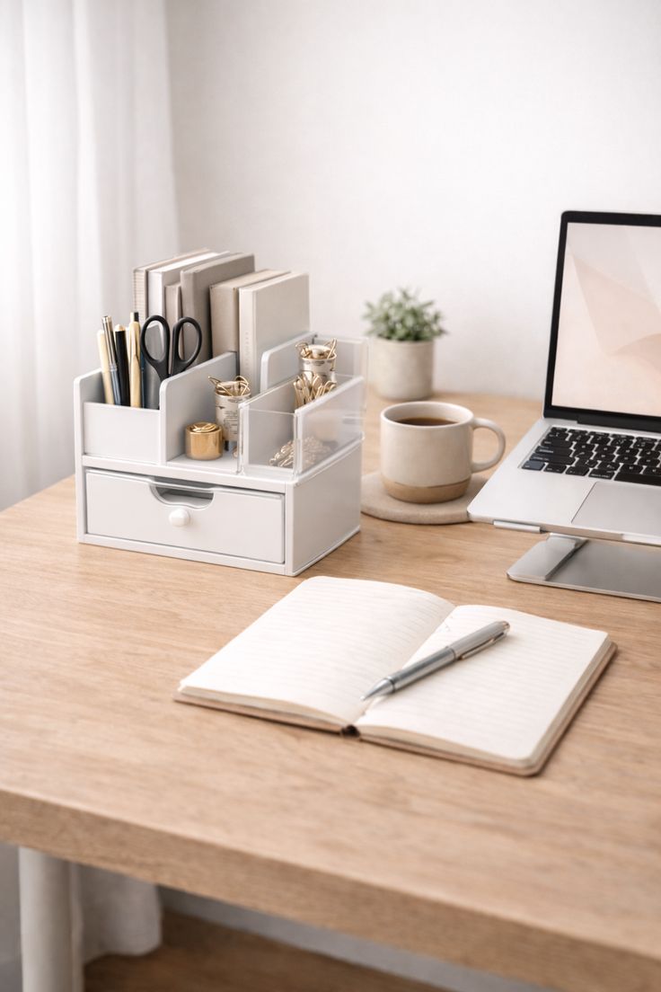 Top-down view of a tidy desk divided into clear working zones for screen, keyboard and notes